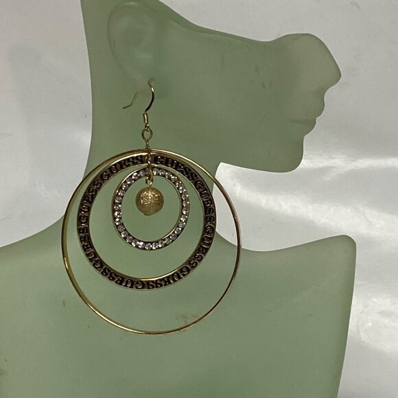 Gold-Tone Guess Triple Circle Drop‎ Earrings With Rhinestones NWT - Picture 4 of 4